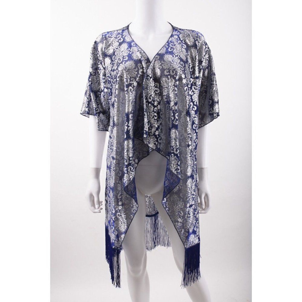 LulaRoe Womens Monroe Fringe CoverUp Duster Shawl Top S Small Blue Silver NWT
